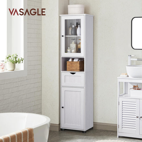 Rootz Bathroom Cabinet - White Wood Grain Storage Unit - Chipboard Glass - 4.5kg Drawer Capacity - 9kg Shelf Capacity - 40cm x 30cm x 165cm