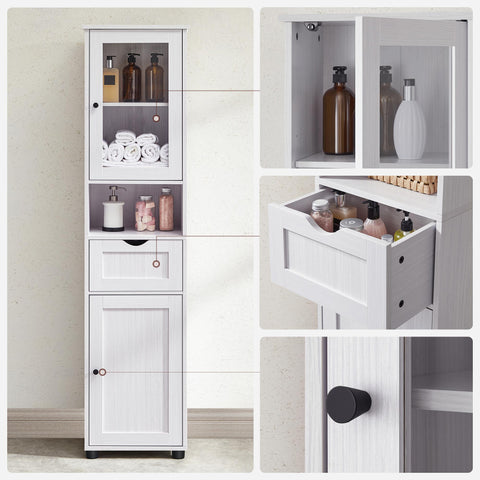 Rootz Bathroom Cabinet - White Wood Grain Storage Unit - Chipboard Glass - 4.5kg Drawer Capacity - 9kg Shelf Capacity - 40cm x 30cm x 165cm