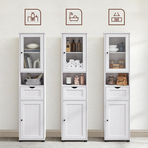 Rootz Bathroom Cabinet - White Wood Grain Storage Unit - Chipboard Glass - 4.5kg Drawer Capacity - 9kg Shelf Capacity - 40cm x 30cm x 165cm