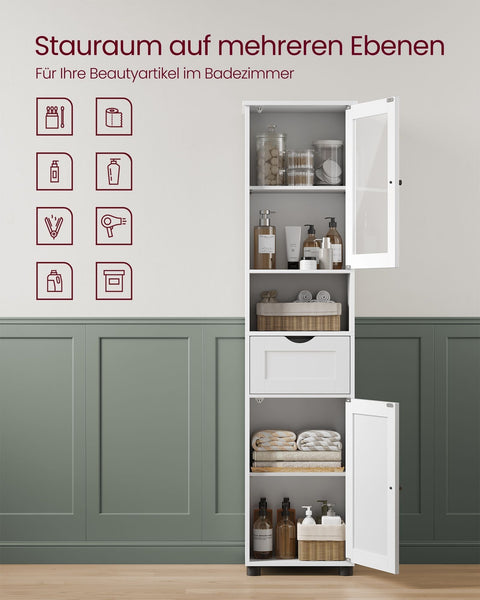 Rootz Bathroom Cabinet - Storage Cupboard - Space Saver - Maximizes Space - 30 x 40 x 165 cm - Chipboard & Glass -  White