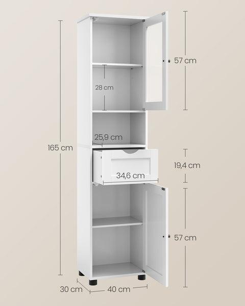 Rootz Bathroom Cabinet - Storage Cupboard - Space Saver - Maximizes Space - 30 x 40 x 165 cm - Chipboard & Glass -  White