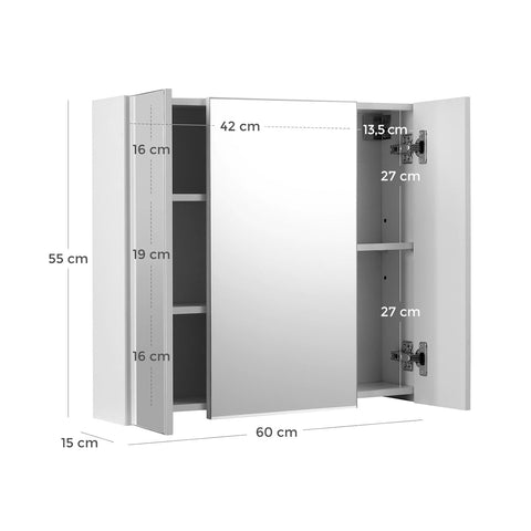 Rootz White Mirror Cabinet - Wall Mounted Storage - Bathroom Shelf - Space-Saving - 60cm x 15cm x 55cm