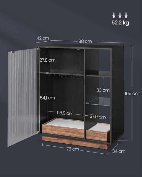 Rootz Wine Cabinet - Liquor Cabinet - Bar Cabinet - Particle Board - Ribbed Glass - Ultra-Clear Glass - 42cm x 88cm x 105cm