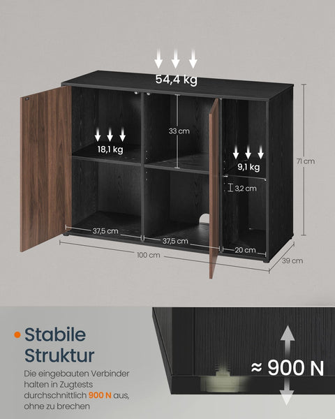 Rootz LED Sideboard - Illuminated Cabinet - Tool-Free Assembly - Enhances Ambiance - 39cm x 100cm x 71cm - Natural Walnut-Ebony Black