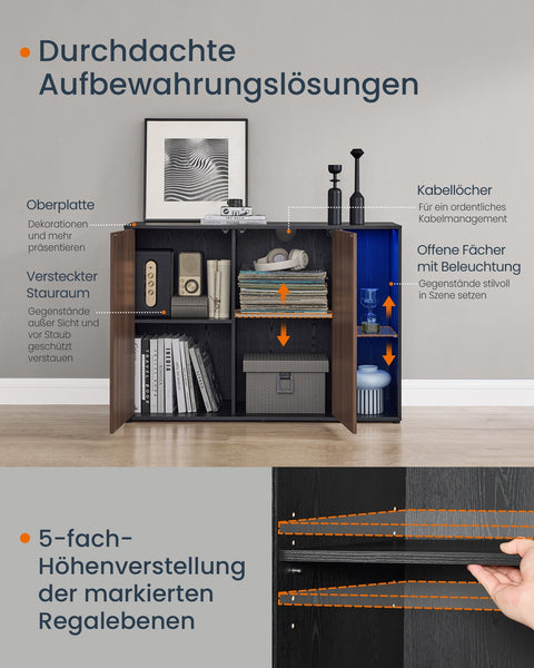 Rootz LED Sideboard - Illuminated Cabinet - Tool-Free Assembly - Enhances Ambiance - 39cm x 100cm x 71cm - Natural Walnut-Ebony Black