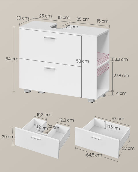 Rootz Cloud White MDF Sink Base Cabinet - Bathroom Vanity - Storage Unit - Spacious Interior - Easy Assembly - 30cm x 80cm x 64cm