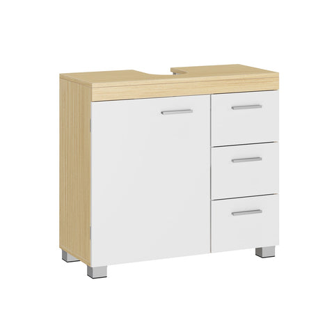 Rootz MDF Sink Base Cabinet - Bathroom Vanity - Storage Unit - Cloud White-Natural Beige - Medium Density Fiberboard - 30cm x 70cm x 64cm - 20cm x 15cm Opening for Siphon - 18.2kg Weight - 91kg Load Capacity