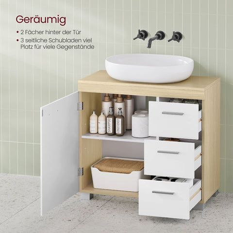 Rootz MDF Sink Base Cabinet - Bathroom Vanity - Storage Unit - Cloud White-Natural Beige - Medium Density Fiberboard - 30cm x 70cm x 64cm - 20cm x 15cm Opening for Siphon - 18.2kg Weight - 91kg Load Capacity