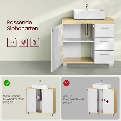 Rootz MDF Sink Base Cabinet - Bathroom Vanity - Storage Unit - Cloud White-Natural Beige - Medium Density Fiberboard - 30cm x 70cm x 64cm - 20cm x 15cm Opening for Siphon - 18.2kg Weight - 91kg Load Capacity