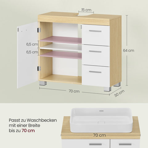 Rootz MDF Sink Base Cabinet - Bathroom Vanity - Storage Unit - Cloud White-Natural Beige - Medium Density Fiberboard - 30cm x 70cm x 64cm - 20cm x 15cm Opening for Siphon - 18.2kg Weight - 91kg Load Capacity