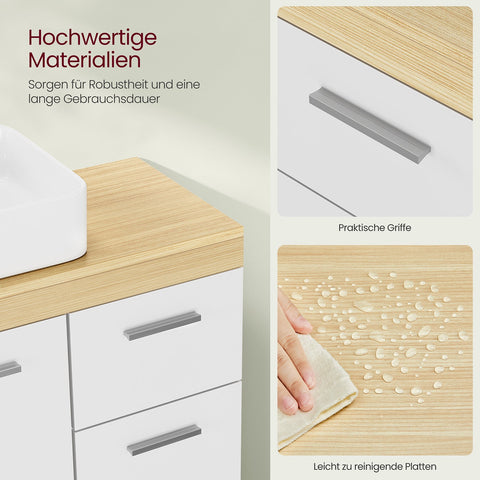 Rootz MDF Sink Base Cabinet - Bathroom Vanity - Storage Unit - Cloud White-Natural Beige - Medium Density Fiberboard - 30cm x 70cm x 64cm - 20cm x 15cm Opening for Siphon - 18.2kg Weight - 91kg Load Capacity