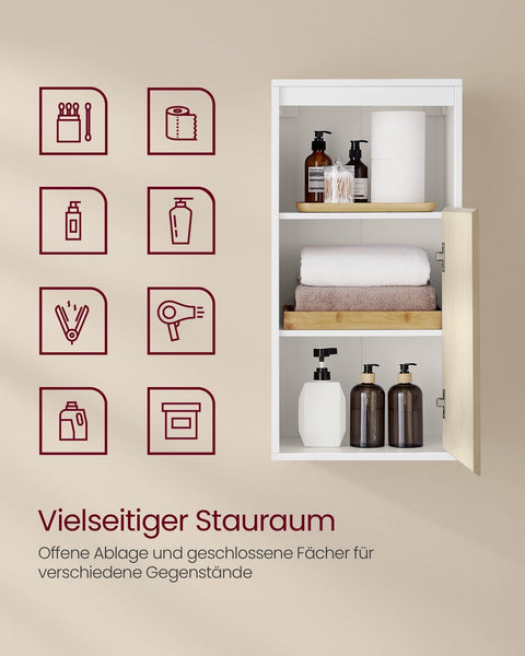 Rootz Hanging Bathroom Cabinet - Wall Cabinet - Storage Unit - Adjustable Shelf - Cloud White-Natural Beige - 30 x 40 x 80 cm