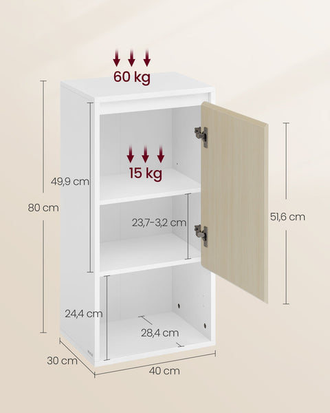 Rootz Hanging Bathroom Cabinet - Wall Cabinet - Storage Unit - Adjustable Shelf - Cloud White-Natural Beige - 30 x 40 x 80 cm