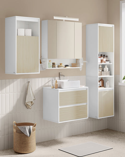 Rootz Hanging Bathroom Cabinet - Wall Cabinet - Storage Unit - Adjustable Shelf - Cloud White-Natural Beige - 30 x 40 x 80 cm