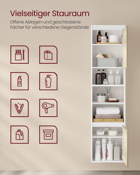 Rootz Hanging Bathroom Cabinet - Wall-Mounted Storage -  White- Brown - 7 Compartments - 30x40x160cm