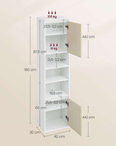 Rootz Hanging Bathroom Cabinet - Wall-Mounted Storage -  White- Brown - 7 Compartments - 30x40x160cm
