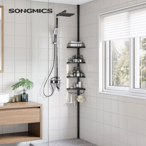 Rootz White Shower Shelf - Bathroom Organizer - Storage Rack - Steel and PP Plastic - Lightweight - Adjustable Height - 35cm x 25cm x (85-305)cm