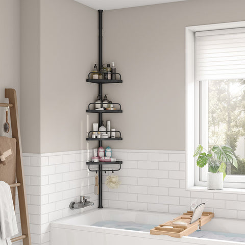 Rootz White Shower Shelf - Bathroom Organizer - Storage Rack - Steel and PP Plastic - Lightweight - Adjustable Height - 35cm x 25cm x (85-305)cm