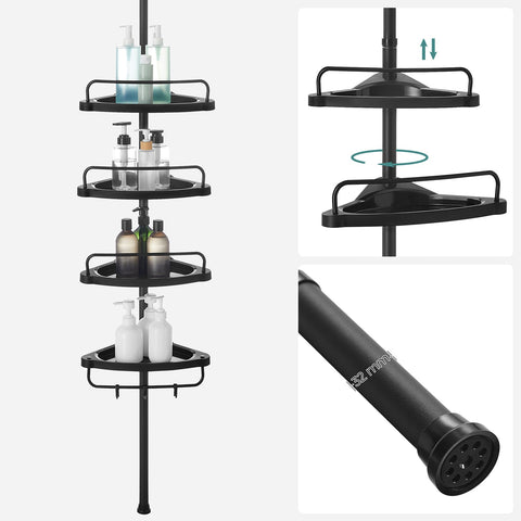 Rootz White Shower Shelf - Bathroom Organizer - Storage Rack - Steel and PP Plastic - Lightweight - Adjustable Height - 35cm x 25cm x (85-305)cm