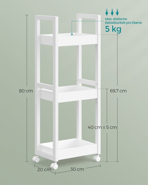 Rootz White Storage Cart - Rolling Cart - Utility Cart - MDF and Bamboo - Lightweight - Spacious - Easy Assembly - 20cm x 30cm x 80cm