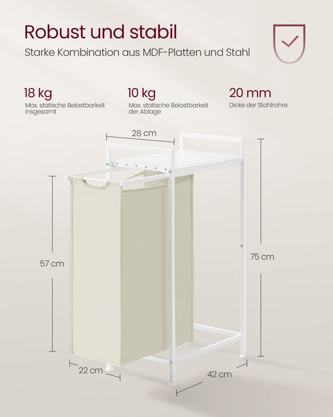 Rootz Laundry Basket with Shelf - Clothes Hamper - Storage Organizer - MDF, Steel & Oxford Cloth - 42 x 28 x 75cm - White