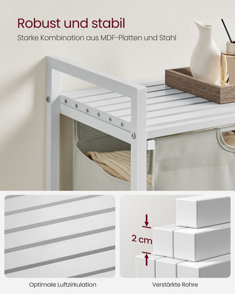Rootz Laundry Collector - Hamper Basket - Storage Organizer - Removable Shelf - White Metal Frame - 60cm x 40cm x 75cm