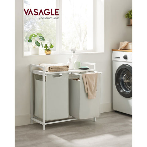 Rootz White Laundry Basket with Shelf - Hamper - Storage Organizer - MDF Steel Construction - Oxford Cloth Bags - 73cm x 33cm x 72cm - 30kg Capacity - Space Saving