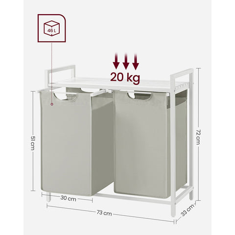 Rootz White Laundry Basket with Shelf - Hamper - Storage Organizer - MDF Steel Construction - Oxford Cloth Bags - 73cm x 33cm x 72cm - 30kg Capacity - Space Saving