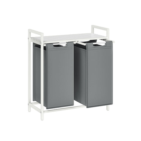 Rootz Laundry Basket with Shelf - White-Light Gray Storage Organizer - MDF Steel Oxford Cloth - Large Capacity - Easy Assembly - Space-Saving Design - 73cm x 33cm x 72cm