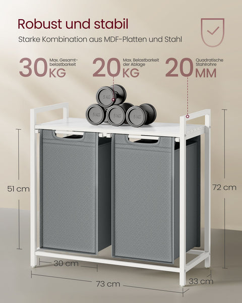 Rootz Laundry Basket with Shelf - White-Light Gray Storage Organizer - MDF Steel Oxford Cloth - Large Capacity - Easy Assembly - Space-Saving Design - 73cm x 33cm x 72cm