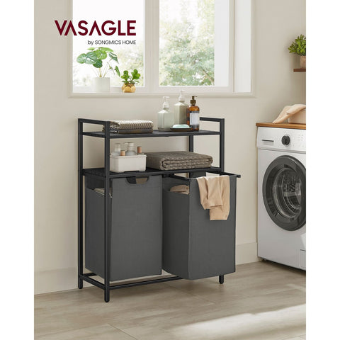 Rootz Laundry Basket with Shelves - Black-Gray - MDF Steel Oxford Cloth - Large Storage Capacity - Space Saving Design - Easy Assembly - 73cm x 33cm x 92cm
