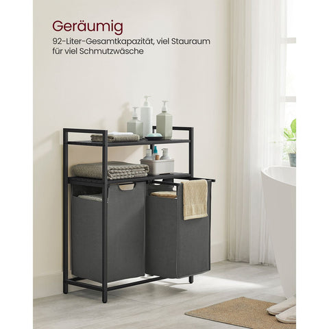 Rootz Laundry Basket with Shelves - Black-Gray - MDF Steel Oxford Cloth - Large Storage Capacity - Space Saving Design - Easy Assembly - 73cm x 33cm x 92cm