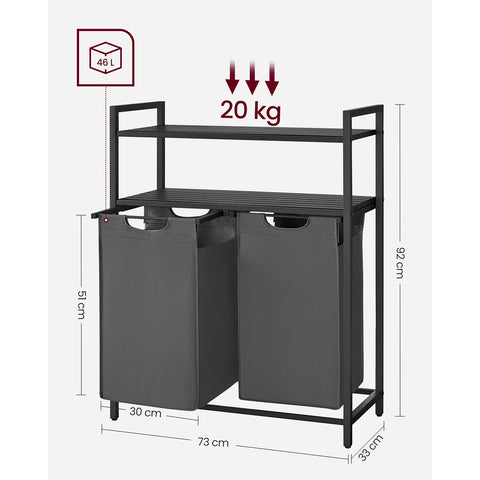 Rootz Laundry Basket with Shelves - Black-Gray - MDF Steel Oxford Cloth - Large Storage Capacity - Space Saving Design - Easy Assembly - 73cm x 33cm x 92cm