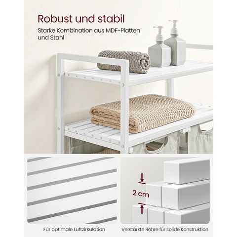 Rootz 3 Tier Laundry Basket with Shelves - White Storage Organizer - MDF Steel Construction - Oxford Cloth Bags - Heavy Duty - 73cm x 33cm x 92cm