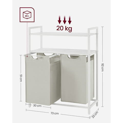 Rootz 3 Tier Laundry Basket with Shelves - White Storage Organizer - MDF Steel Construction - Oxford Cloth Bags - Heavy Duty - 73cm x 33cm x 92cm