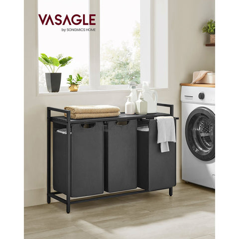 Rootz Laundry Basket with Shelf - Black-Gray Storage Organizer - MDF Steel Oxford Cloth - Large Capacity - Easy Assembly - Space Saving Design - 92.5cm x 33cm x 72cm