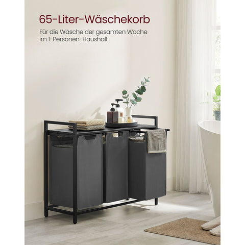 Rootz Laundry Basket with Shelf - Black-Gray Storage Organizer - MDF Steel Oxford Cloth - Large Capacity - Easy Assembly - Space Saving Design - 92.5cm x 33cm x 72cm