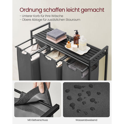 Rootz Laundry Basket with Shelf - Black-Gray Storage Organizer - MDF Steel Oxford Cloth - Large Capacity - Easy Assembly - Space Saving Design - 92.5cm x 33cm x 72cm