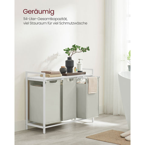 Rootz White Laundry Basket with Shelf - Storage Organizer - Clothes Hamper - MDF Steel Oxford Cloth - 92.5cm x 33cm x 72cm - 25cm x 30cm x 51cm - 8.1kg - 30kg Capacity - 2 Bags - 1 Shelf - 1 Accessory Package