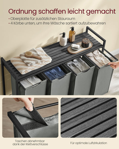 Rootz 4 Compartment Laundry Basket - Washing Basket - Clothes Organizer - Steel Frame - 116cm x 33cm x 72cm