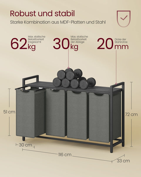 Rootz 4 Compartment Laundry Basket - Washing Basket - Clothes Organizer - Steel Frame - 116cm x 33cm x 72cm