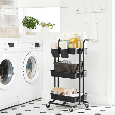 Rootz Trolley 3 Levels Black - Shelf Cart - Storage Rack - Robust Steel Frame - 41.6cm x 33.5cm x 86.3cm