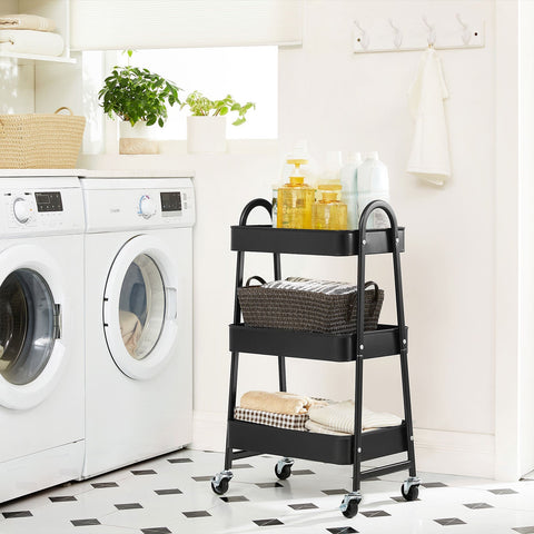 Rootz 3-Level Rolling Trolley - Utility Cart - Storage Shelf - Robust Steel Frame - 41.4cm x 30.7cm x 79cm - Versatile Organization Solutions