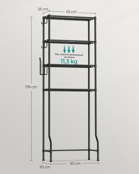 Rootz Metal Toilet Shelf - Bathroom Organizer - Storage Rack - Sturdy Construction - Space Saving - Easy Assembly - 30cm x 63cm x 176cm
