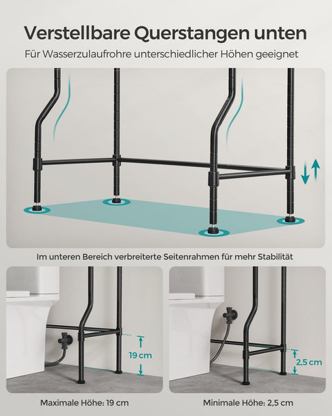Rootz 4-Tier Toilet Shelf - Bathroom Organizer - Space-Saving Storage - Hooks Included - Metal - 30cm x 63cm x 176cm - Black