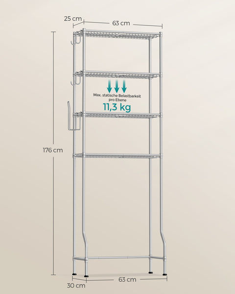Rootz Metal Toilet Shelf - Bathroom Organizer - Storage Rack - Dove Gray - Sturdy Construction - Easy Assembly - Space Saving - 30cm x 63cm x 176cm