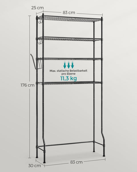 Rootz 4-Tier Toilet Shelf - Bathroom Organizer - Adjustable Shelves - Space-Saving Storage - 30cm x 83cm x 176cm, Black