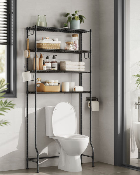 Rootz 4-Tier Toilet Shelf - Bathroom Organizer - Adjustable Shelves - Space-Saving Storage - 30cm x 83cm x 176cm, Black