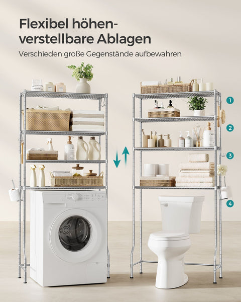 Rootz 4-Tier Toilet Shelf - Bathroom Organizer - Adjustable Shelves - Space Saving - 30 x 83 x 176cm - Grey