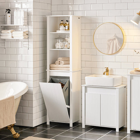 Rootz Tall Bathroom Cabinet with Fold-Out Laundry Bag - Linen Cupboard - Bathroom Shelf - Easy Assembly - Anti-Tip Device - Spacious Storage - 45cm x 171cm x 35cm